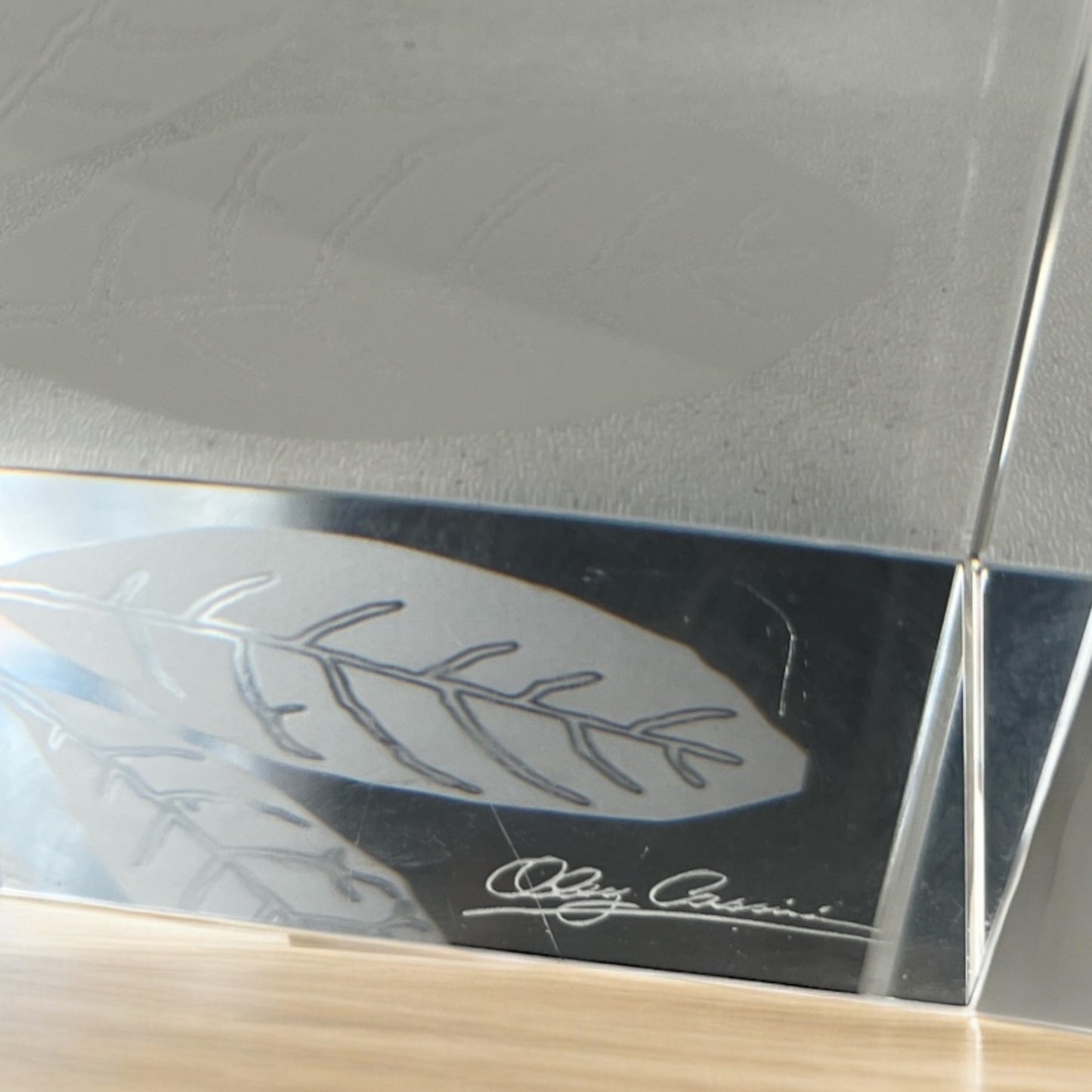 Vtg Oleg Cassini Signed Crystal Votive Candle Holder Leaf Etched Cube Modern Decor