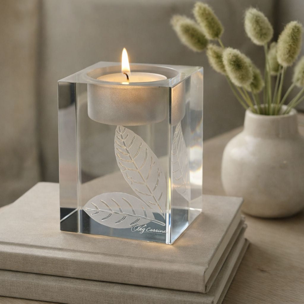 Vtg Oleg Cassini Signed Crystal Votive Candle Holder Leaf Etched Cube Modern Decor