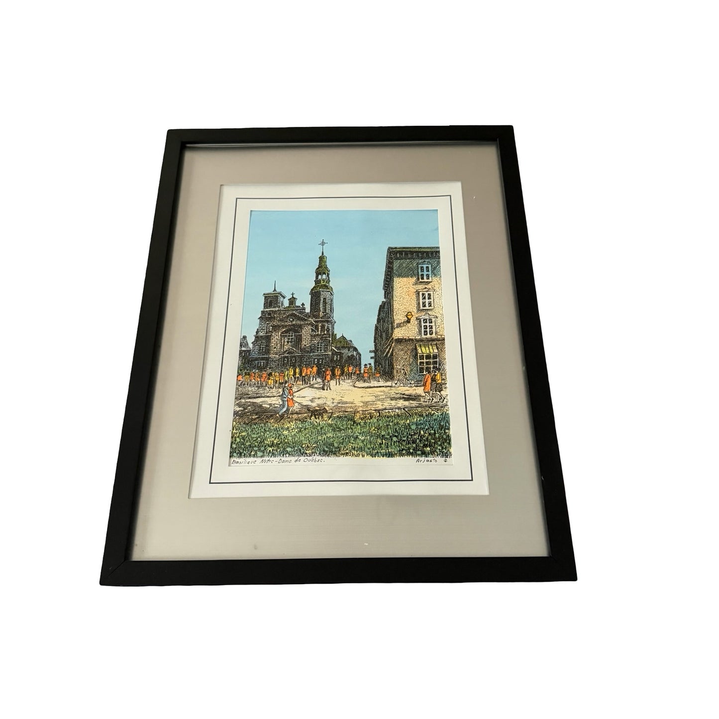 Vintage Juhani Arjasto Quebec City Framed Print Basilique Notre-Dame de Québec Silver Mat 12x15