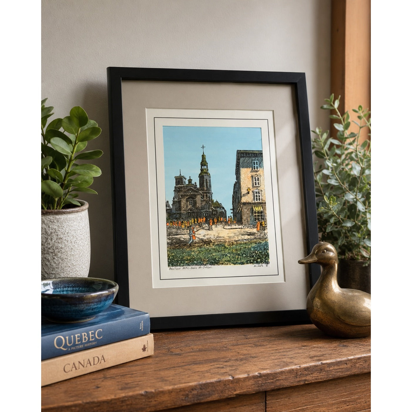 Vintage Juhani Arjasto Quebec City Framed Print Basilique Notre-Dame de Québec Silver Mat 12x15
