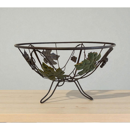 Tuscan Style Decorative Metal Fruit Bowl with Grape and Leaf Motif