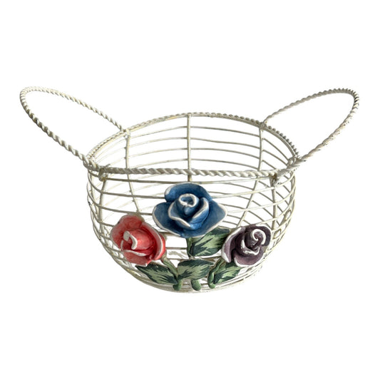 Vtg Wire Basket with Hand-Painted Ceramic Roses – Red, Blue, Purple Flowers