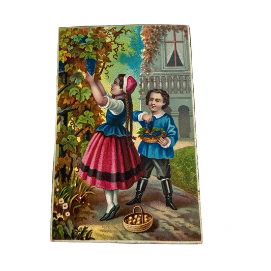 Antique Victorian Chromolithograph Scrap Card Children Picking Grapes Vineyard Harvest Ephemera