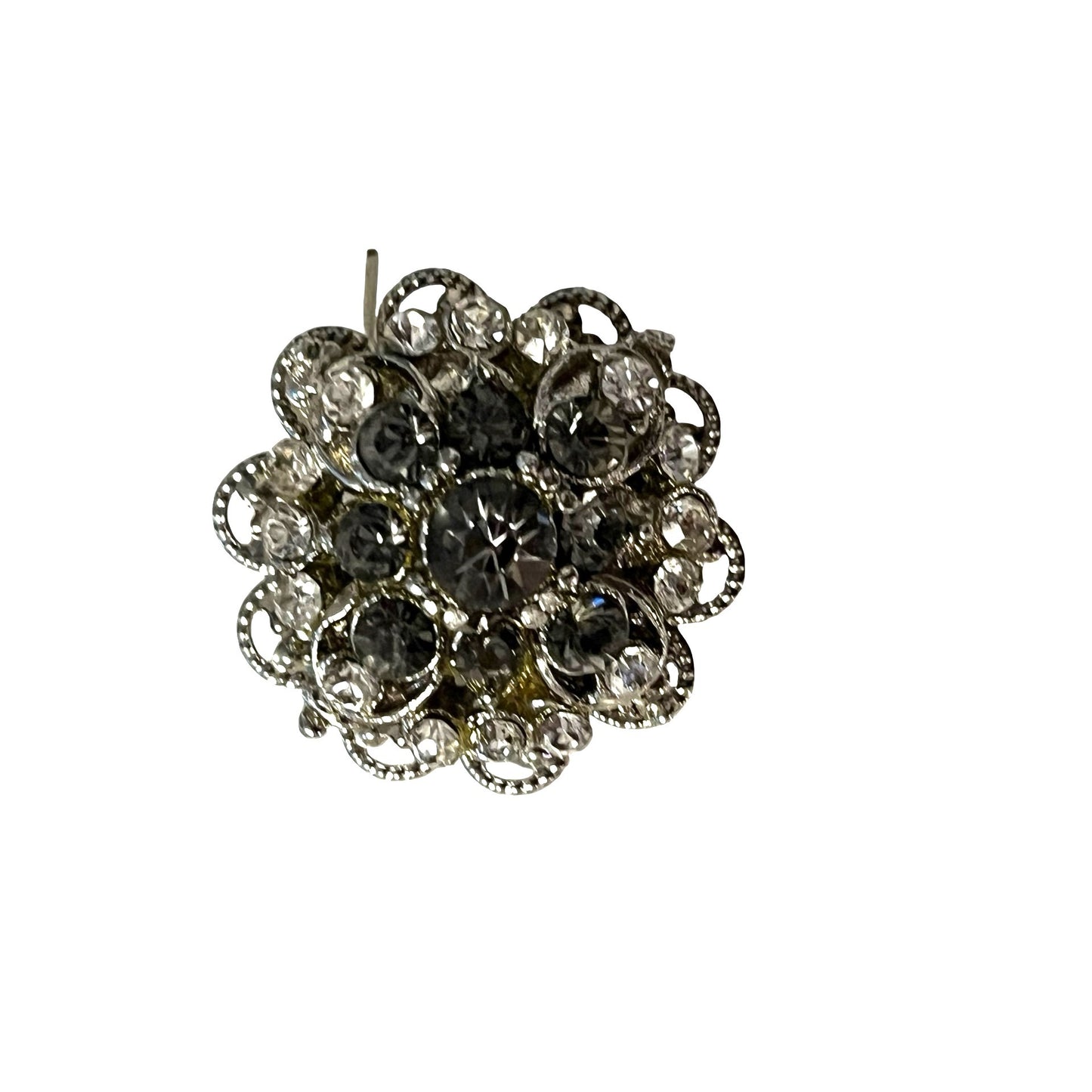 Vintage Rhinestone Cluster Brooch Silver Tone Black Clear Crystal Floral Pin 1 Inch