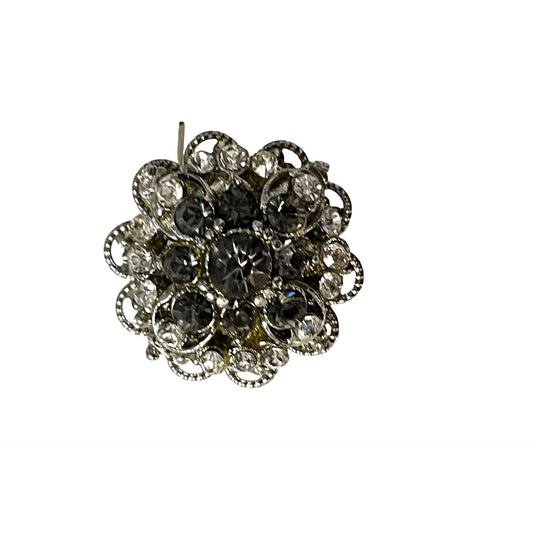 Vintage Rhinestone Cluster Brooch Silver Tone Black Clear Crystal Floral Pin 1 Inch