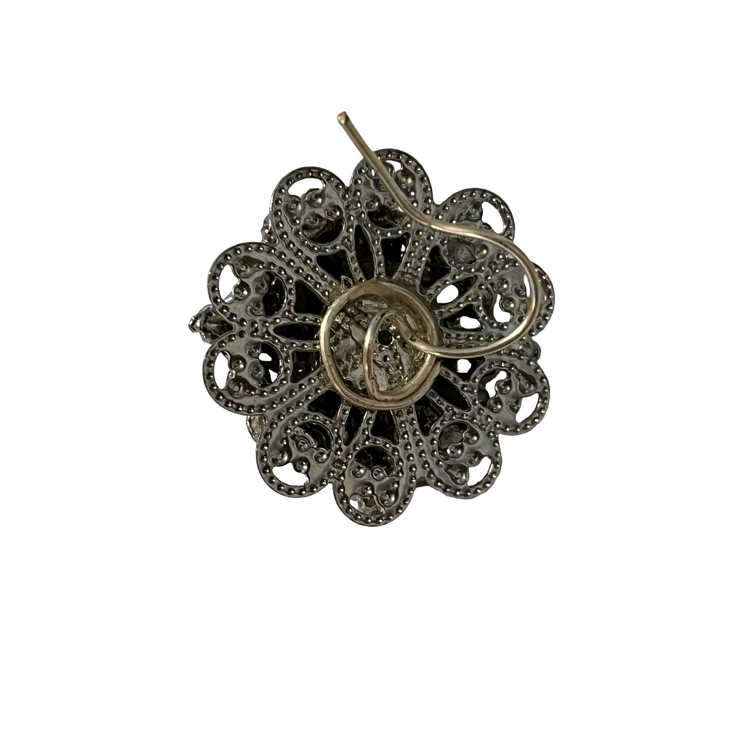 Vintage Rhinestone Cluster Brooch Silver Tone Black Clear Crystal Floral Pin 1 Inch