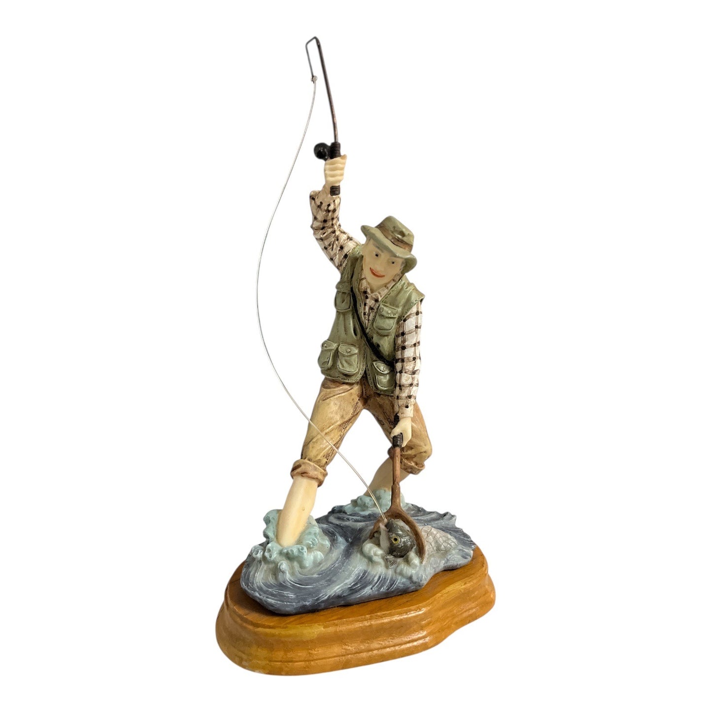 Vintage Fisherman Figurine Fly Fishing Man Standing in Water Wood Base