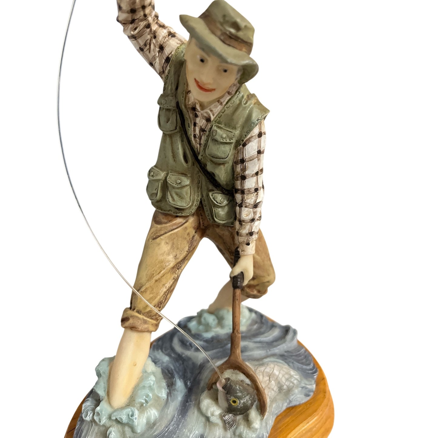 Vintage Fisherman Figurine Fly Fishing Man Standing in Water Wood Base