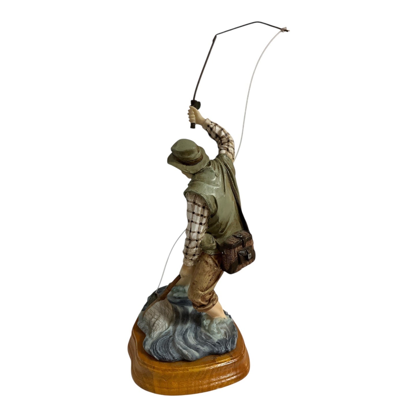 Vintage Fisherman Figurine Fly Fishing Man Standing in Water Wood Base
