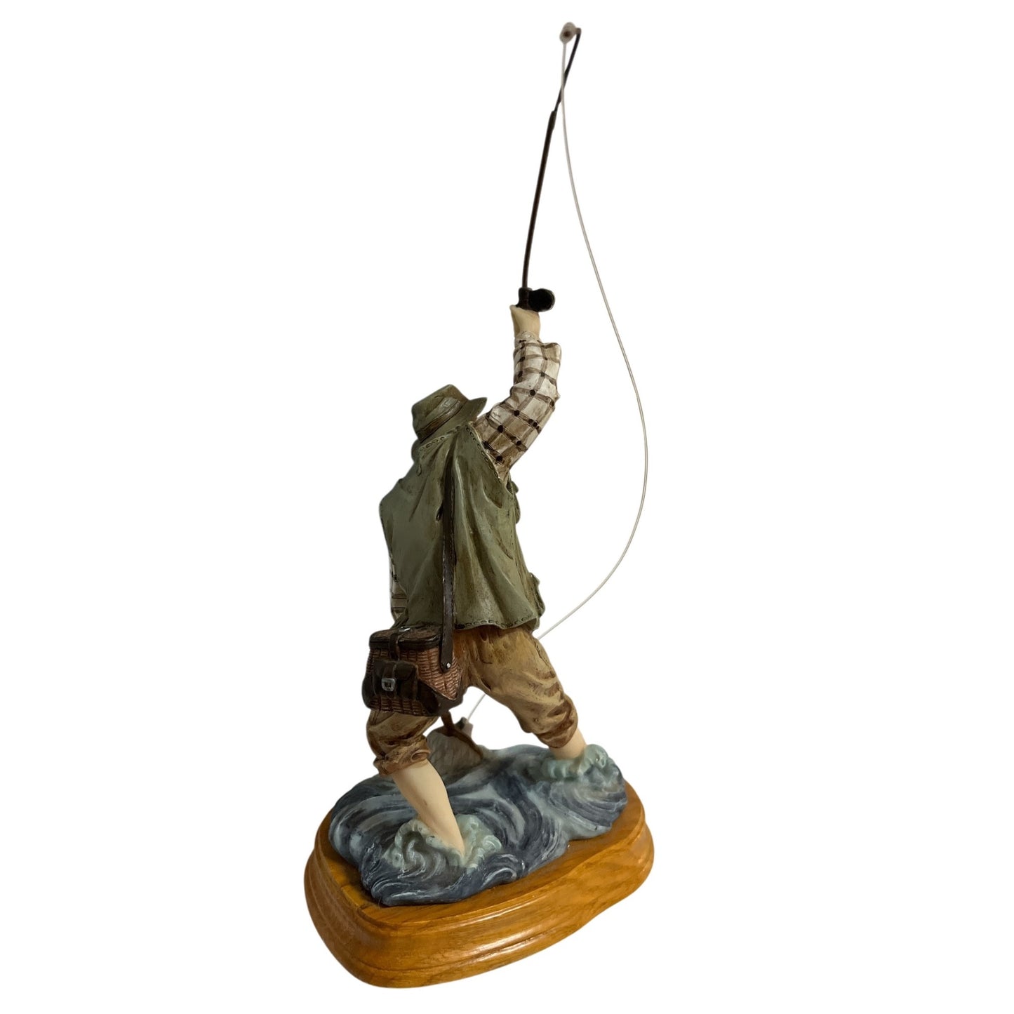 Vintage Fisherman Figurine Fly Fishing Man Standing in Water Wood Base