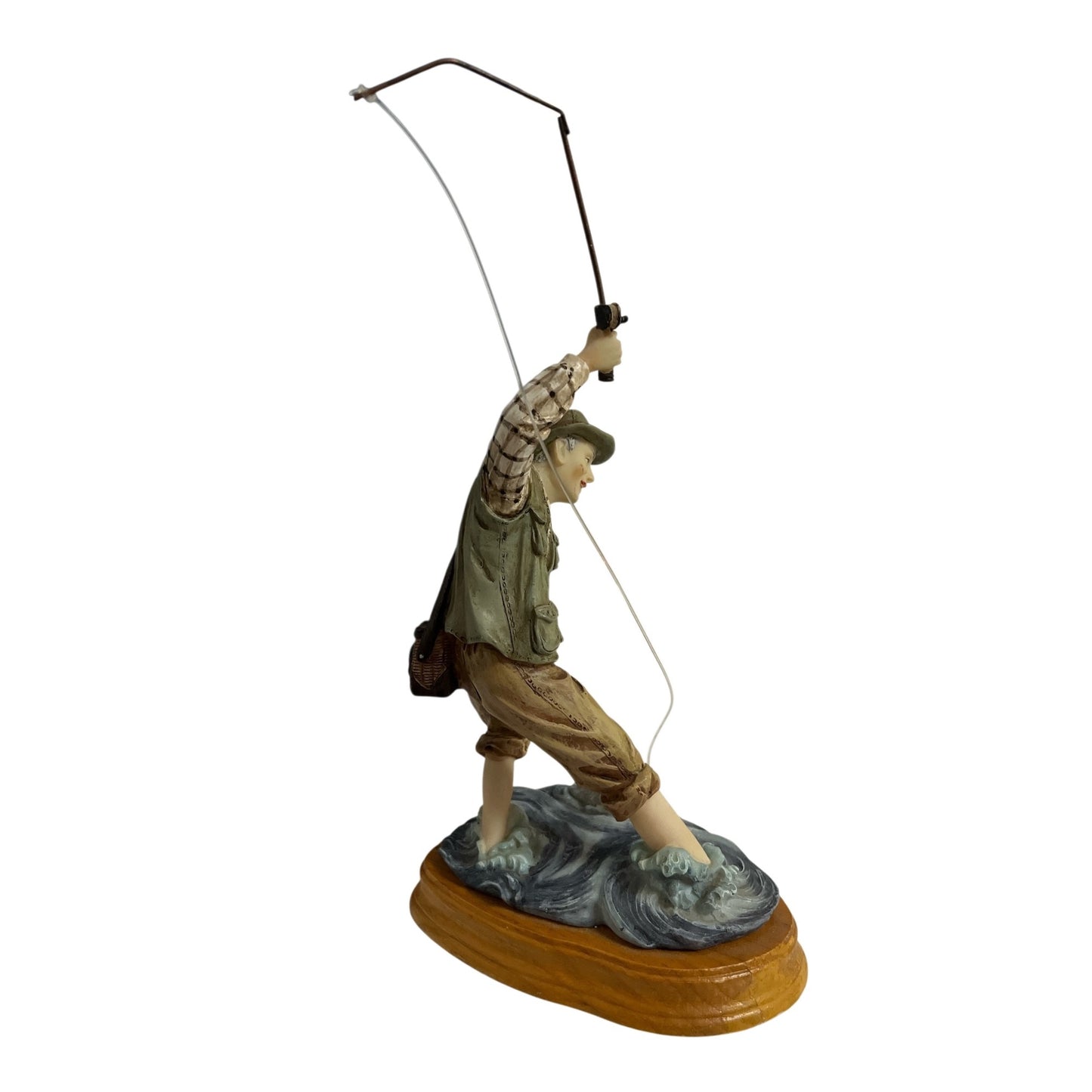 Vintage Fisherman Figurine Fly Fishing Man Standing in Water Wood Base