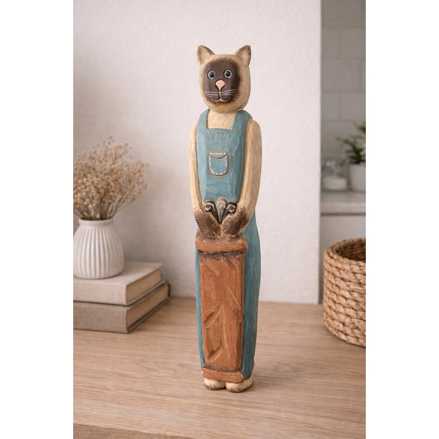 Vintage Hand Carved Wooden Cat Golf Caddy Folk Art Sculpture Signed Philippines