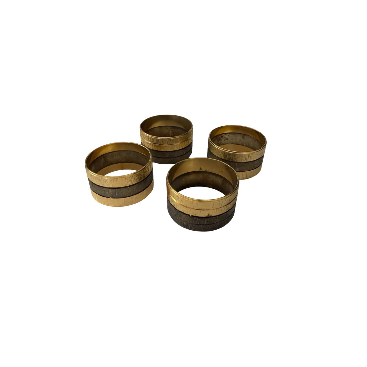 Vintage Set of 4 Two Tone Brass Tone Metal Napkin Rings Textured Striped Design