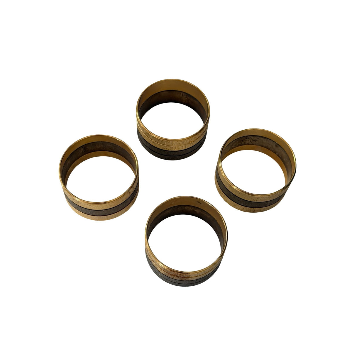 Vintage Set of 4 Two Tone Brass Tone Metal Napkin Rings Textured Striped Design