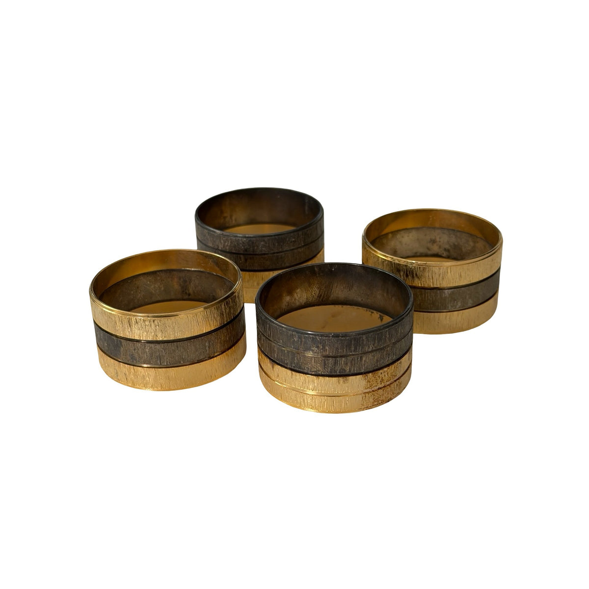 Vintage Set of 4 Two Tone Brass Tone Metal Napkin Rings Textured Striped Design