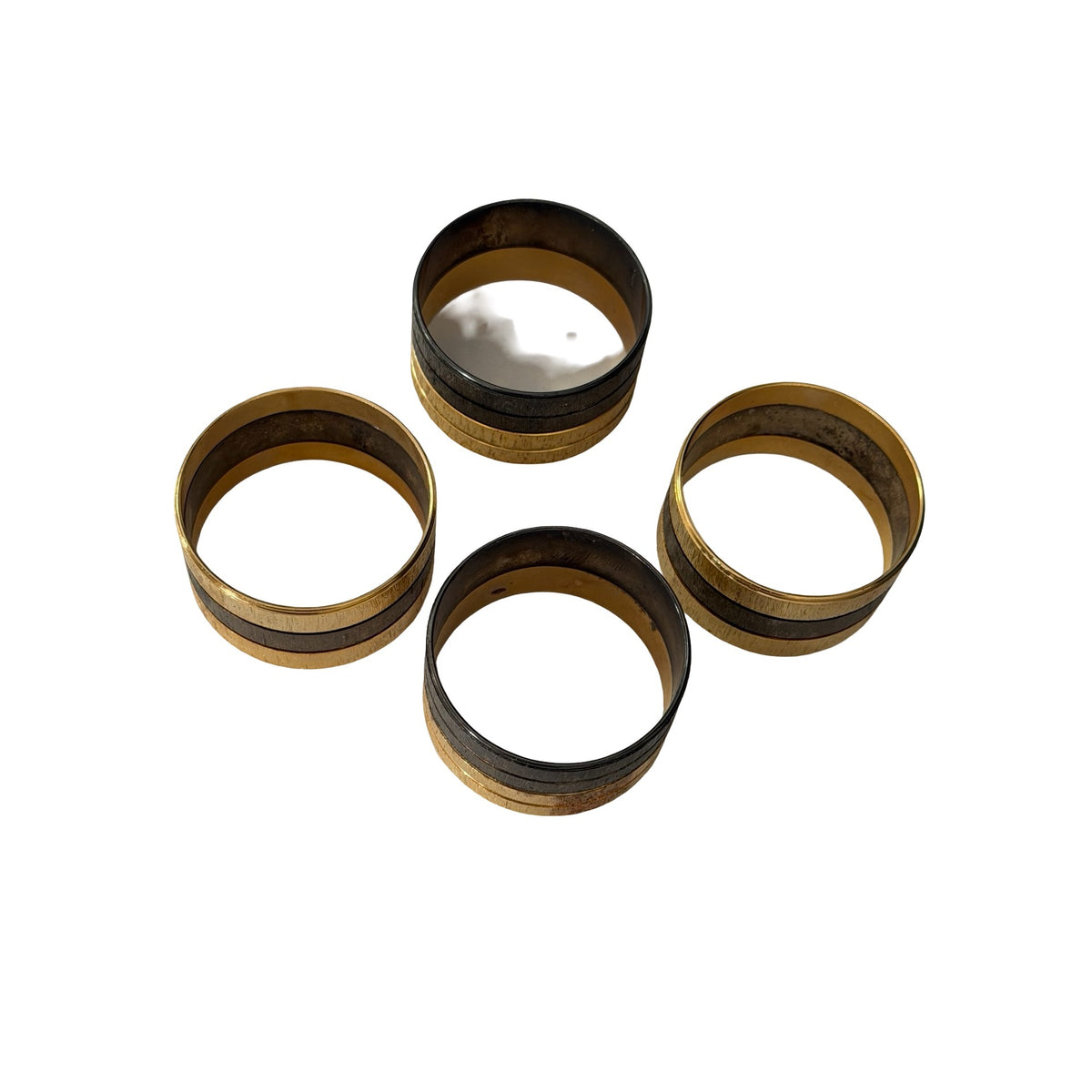 Vintage Set of 4 Two Tone Brass Tone Metal Napkin Rings Textured Striped Design