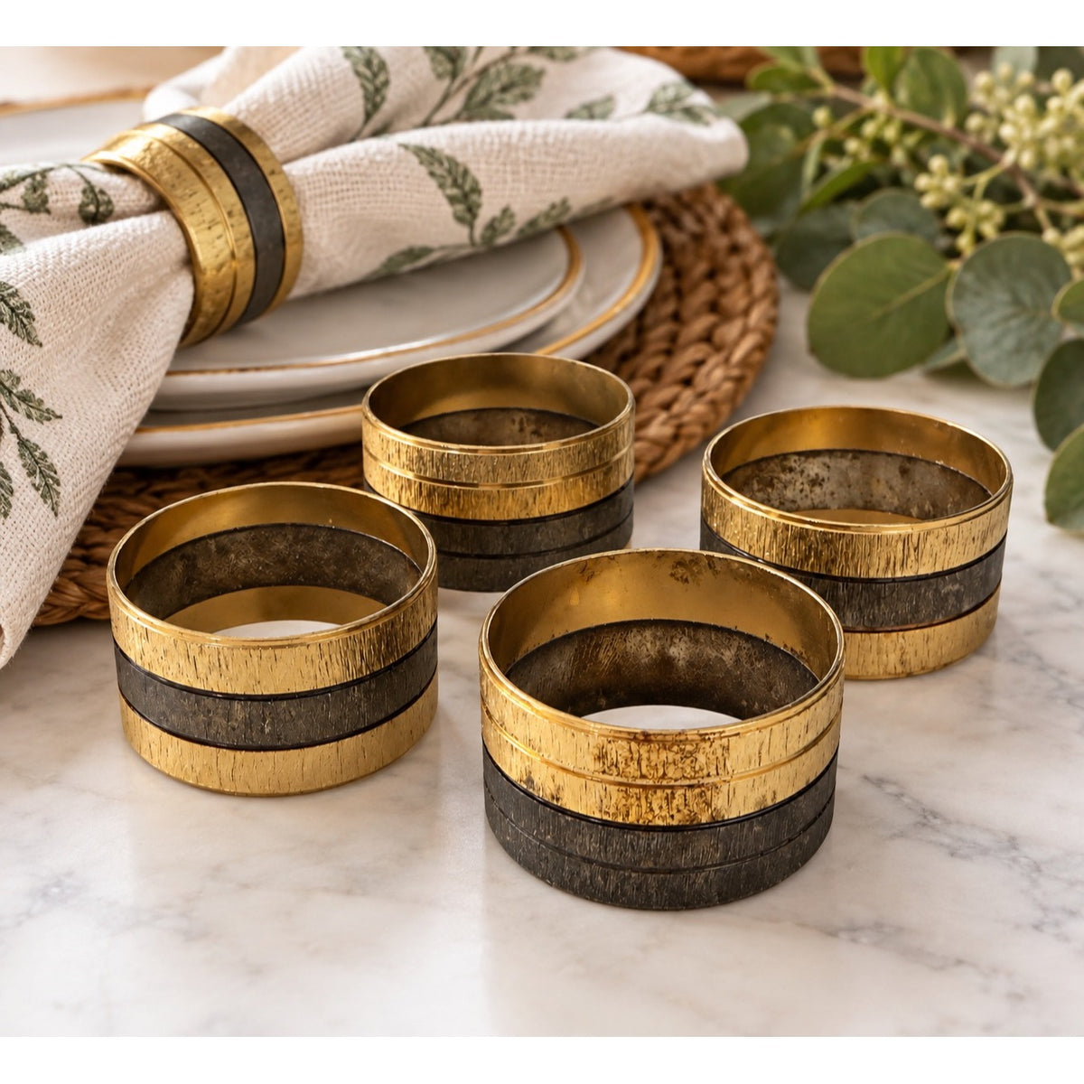 Vintage Set of 4 Two Tone Brass Tone Metal Napkin Rings Textured Striped Design