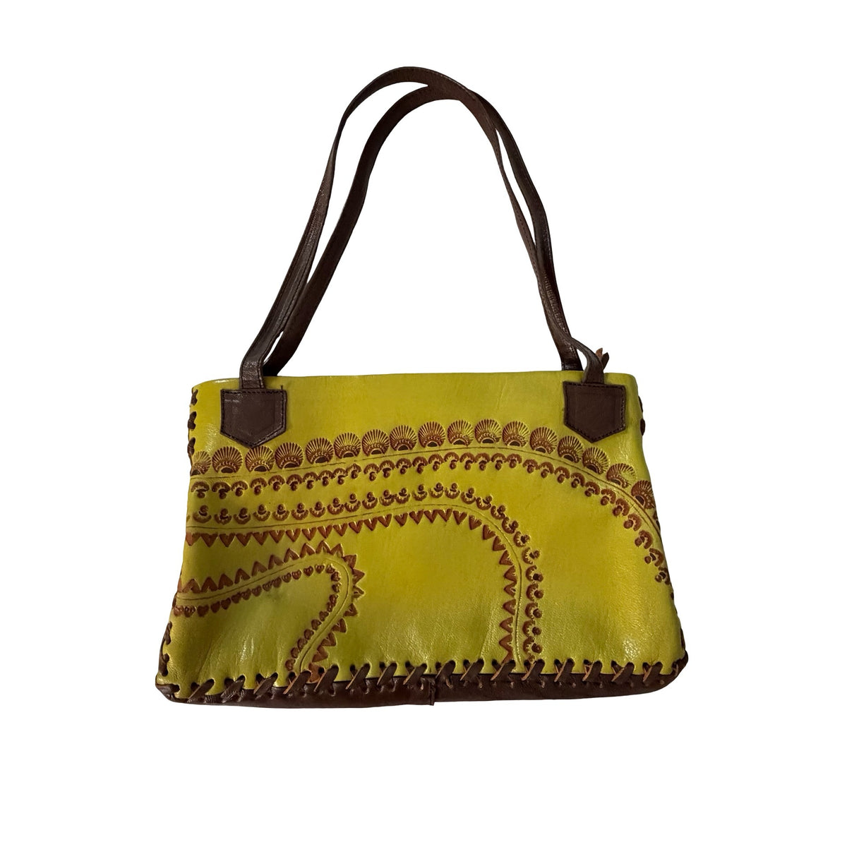 Peruvian Tooled Leather Shoulder Bag Chartreuse Green Brown Hand Laced Purse