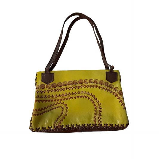Peruvian Tooled Leather Shoulder Bag Chartreuse Green Brown Hand Laced Purse