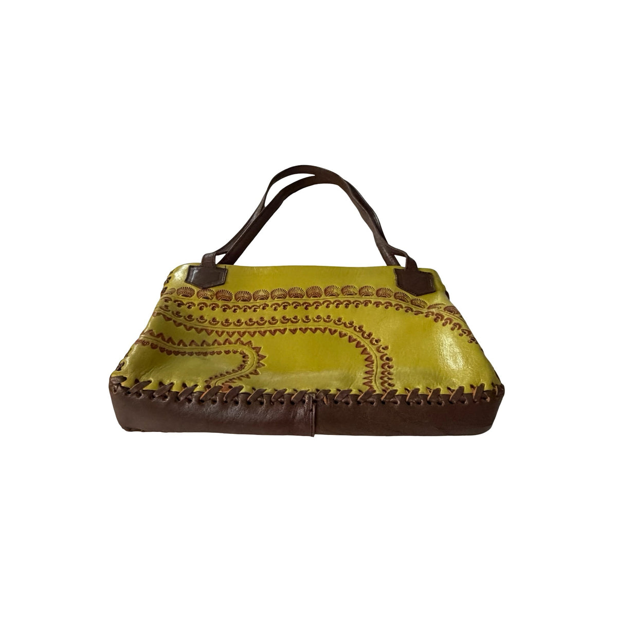 Peruvian Tooled Leather Shoulder Bag Chartreuse Green Brown Hand Laced Purse