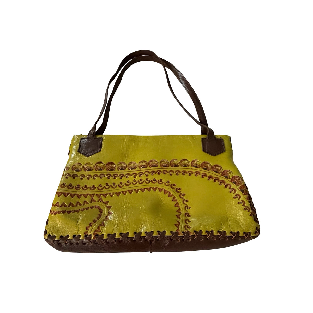Peruvian Tooled Leather Shoulder Bag Chartreuse Green Brown Hand Laced Purse