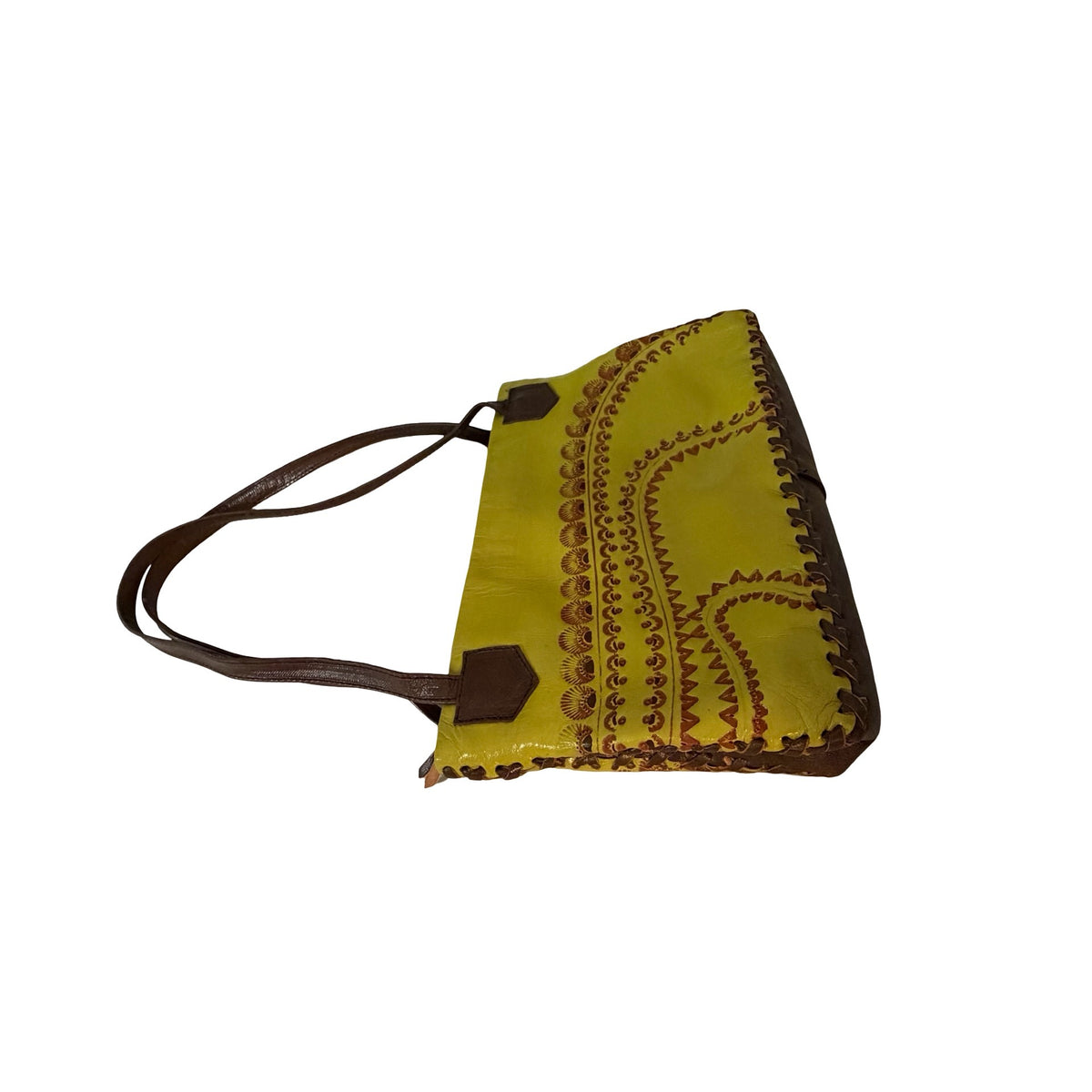 Peruvian Tooled Leather Shoulder Bag Chartreuse Green Brown Hand Laced Purse