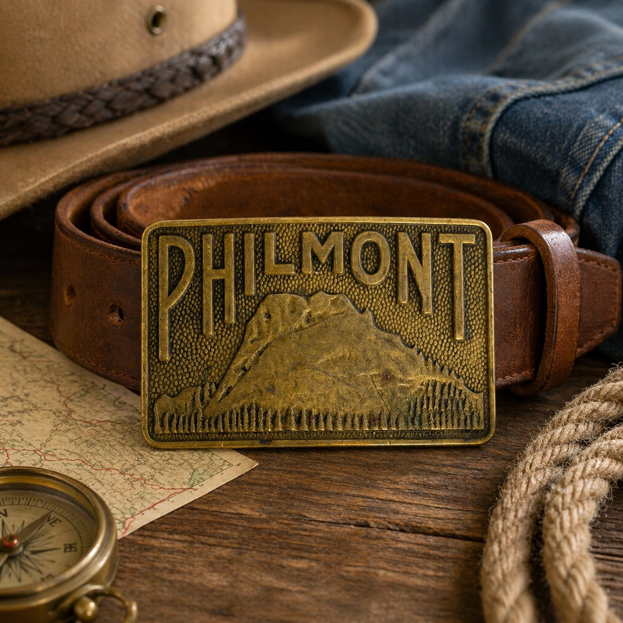 Vintage Philmont Belt Buckle Brass Tone Mountain Scenery Scout Ranch 3x2
