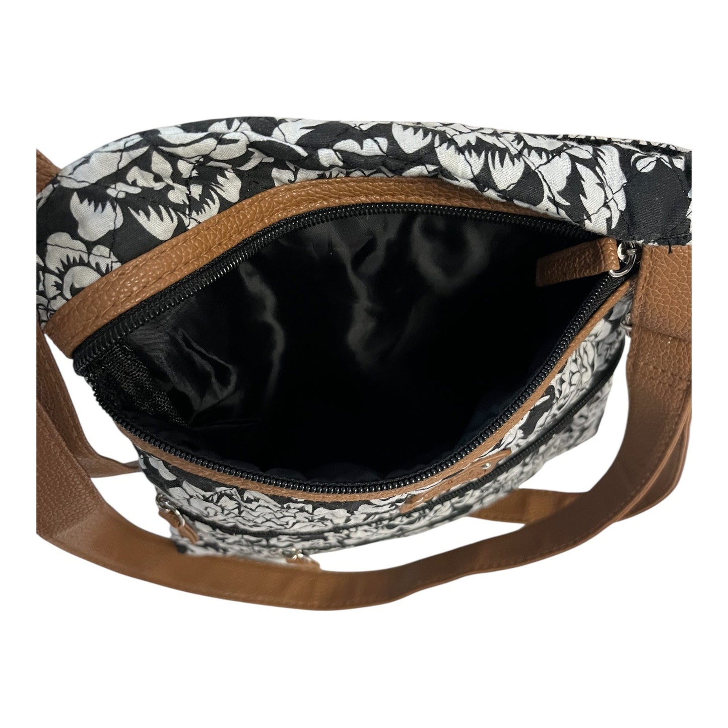 Stone Mountain USA Quilted Cotton Crossbody Bag – Black & White Floral – 11" x 9"