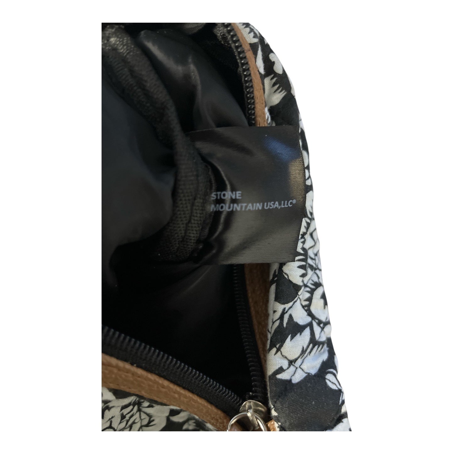 Stone Mountain USA Quilted Cotton Crossbody Bag – Black & White Floral – 11" x 9"