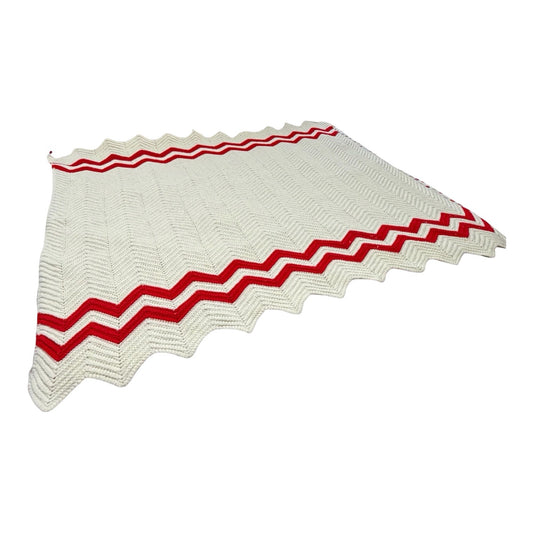 Hand Crocheted Chevron Throw Blanket Cream Red Zigzag Afghan 57 x 47