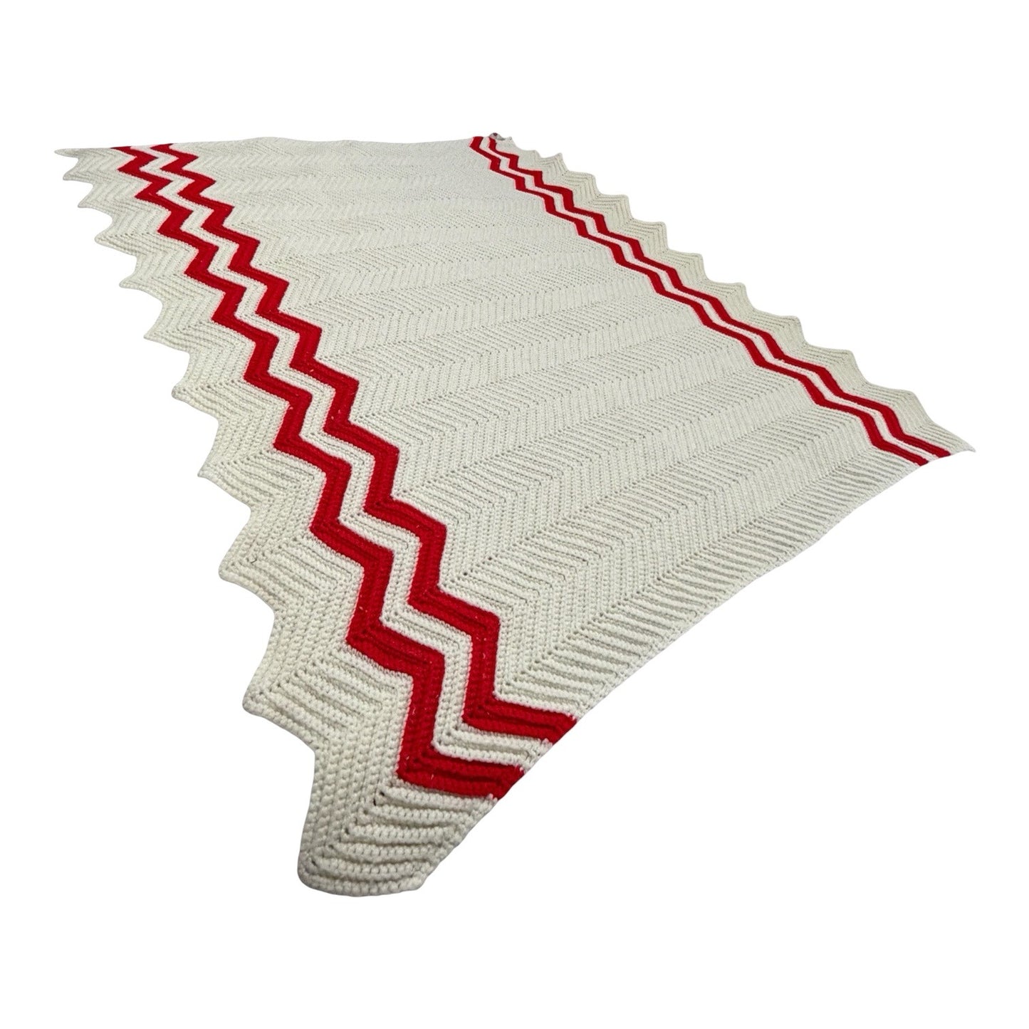 Hand Crocheted Chevron Throw Blanket Cream Red Zigzag Afghan 57 x 47