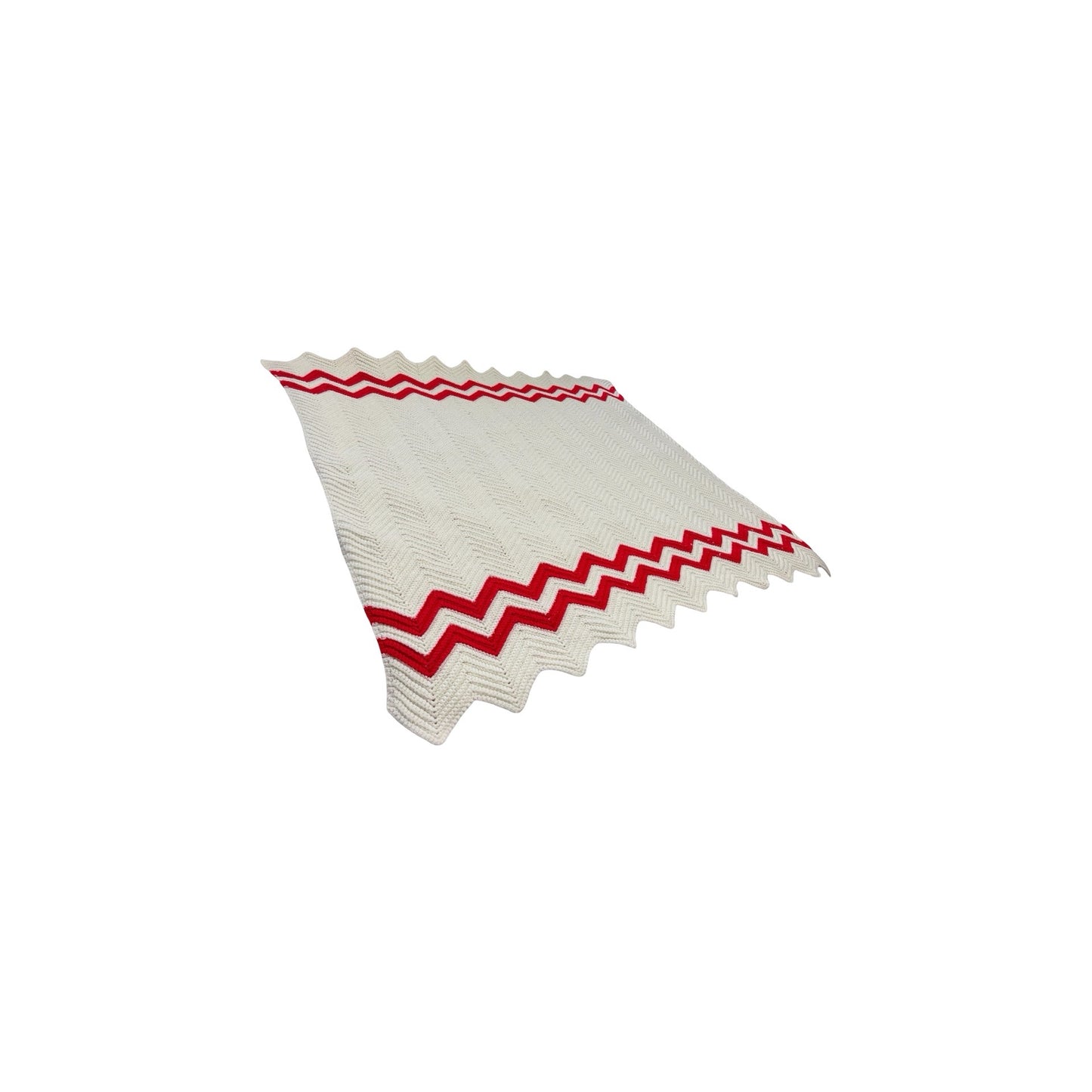 Hand Crocheted Chevron Throw Blanket Cream Red Zigzag Afghan 57 x 47