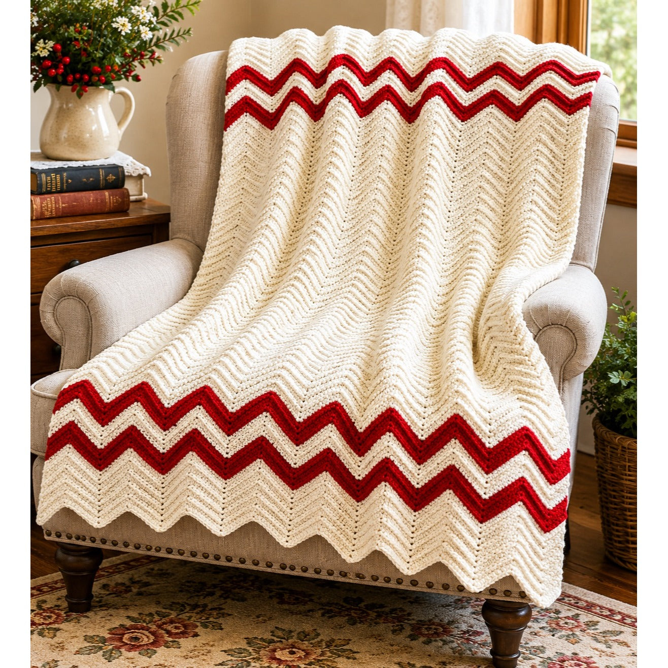 Hand Crocheted Chevron Throw Blanket Cream Red Zigzag Afghan 57 x 47