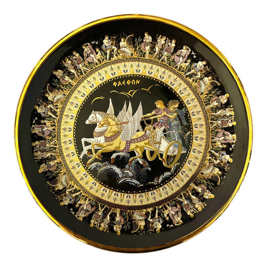 Vintage D. Stingos Greek Mythology Plate – 24K Gold, 8" Phaethon Chariot Wall Plate