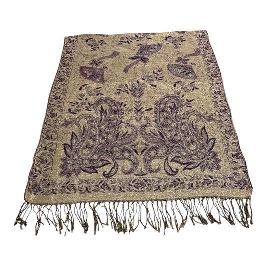 Vintage Pashmina Silk Blend Shawl – 70% Pashmina 30% Silk, Purple & Gold Paisley Scarf Wrap, 78” x 26” with Fringe