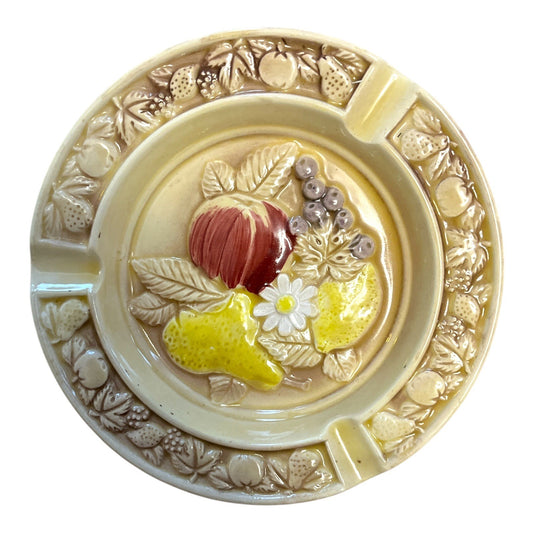 Vintage 7" Japan Ceramic Fruit Ashtray 3-Rest Mid-Century Glazed Dish Pear Apple Grapes Relief