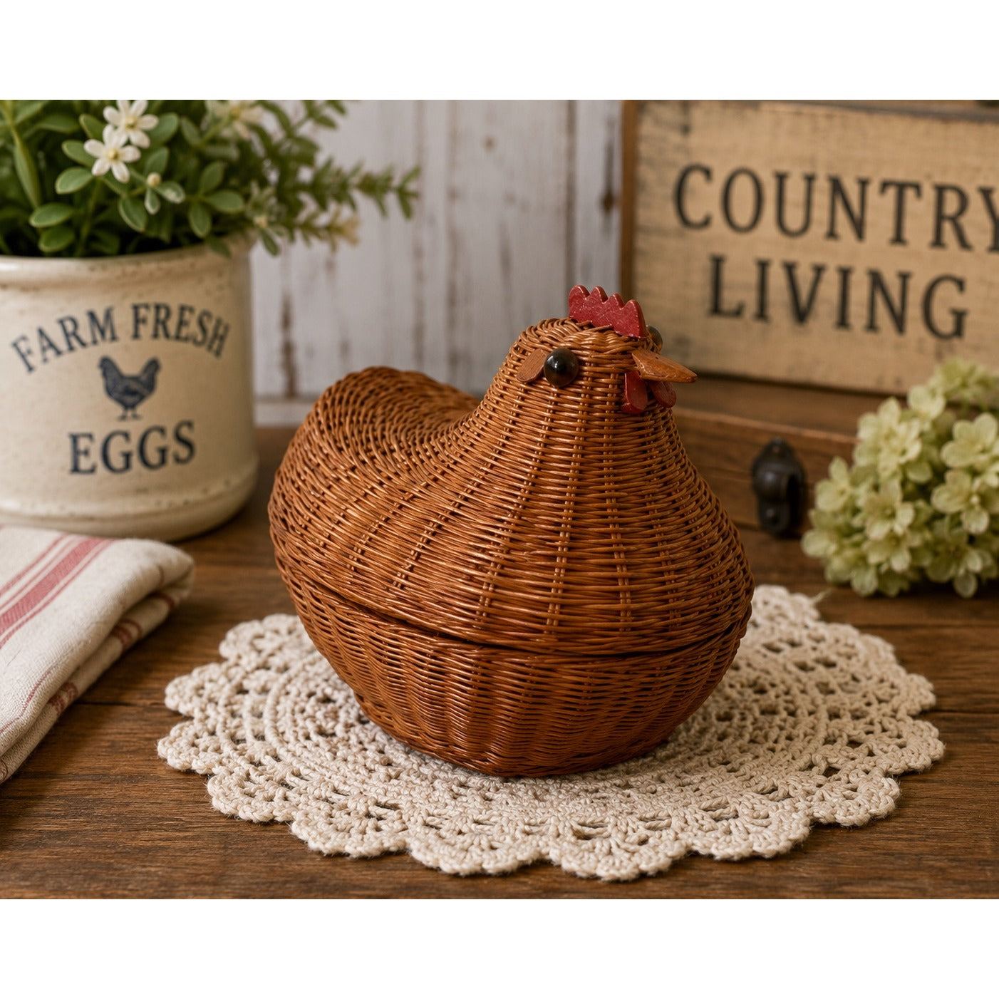 Vintage Wicker Hen On Nest Basket Hinged Lid Chicken Container Jiangxi Handicrafts