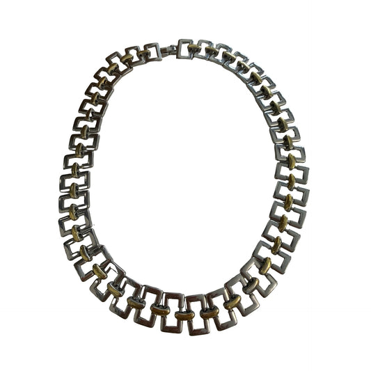 Vintage 1980s Two Tone Geometric Link Choker Necklace 15" Silver Gold Tone