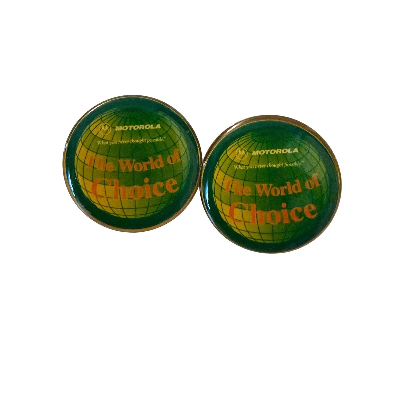 Motorola The World of Choice Advertising Lapel Pins Lot of 2 Globe Logo Employee Promo