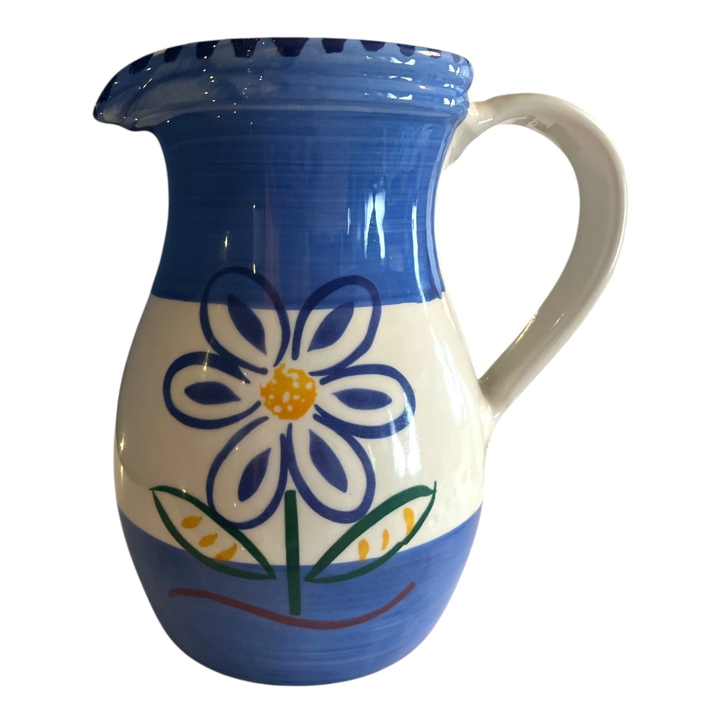 Vintage La Primula Italy Blue Floral Ceramic Pitcher 8" Hand Painted Flower Jug