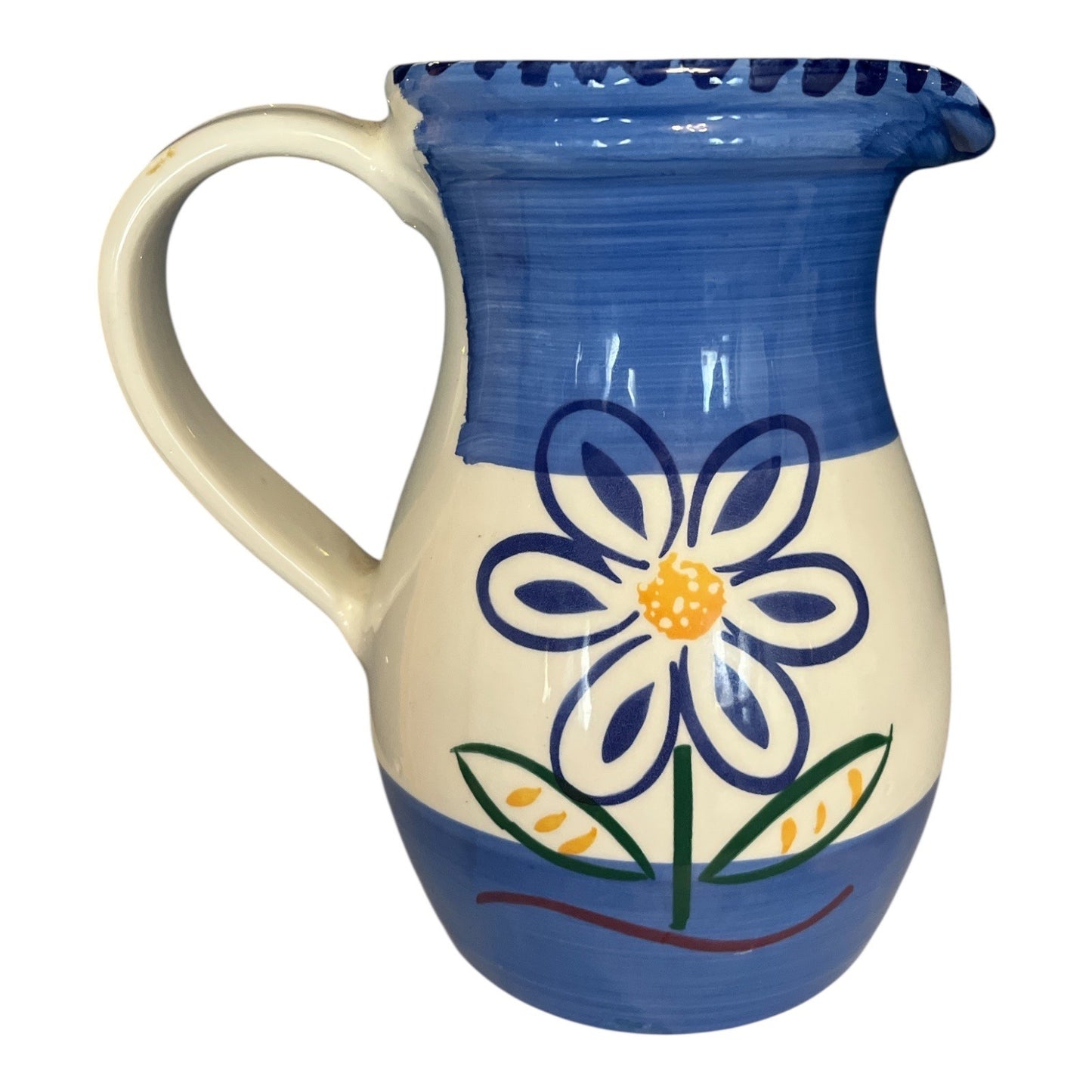 Vintage La Primula Italy Blue Floral Ceramic Pitcher 8" Hand Painted Flower Jug