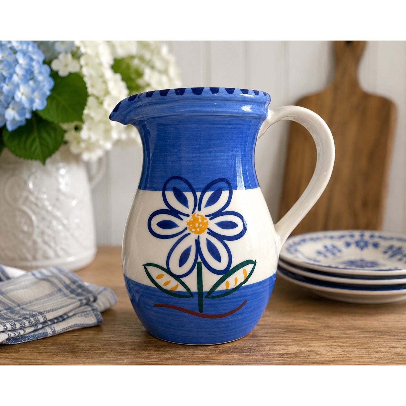 Vintage La Primula Italy Blue Floral Ceramic Pitcher 8" Hand Painted Flower Jug