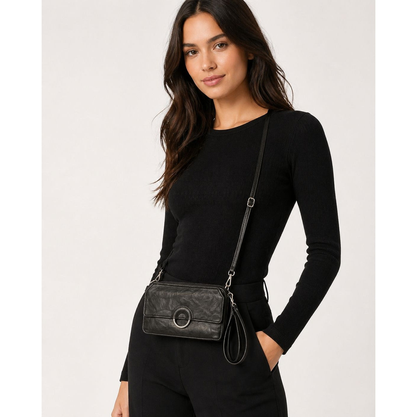 Bueno Black Crossbody Wristlet Bag Faux Leather Multi Compartment Zip Purse