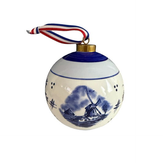 Vintage Delft Blue Handpainted Holland Christmas Ornament Windmill Floral Porcelain Ball 4"