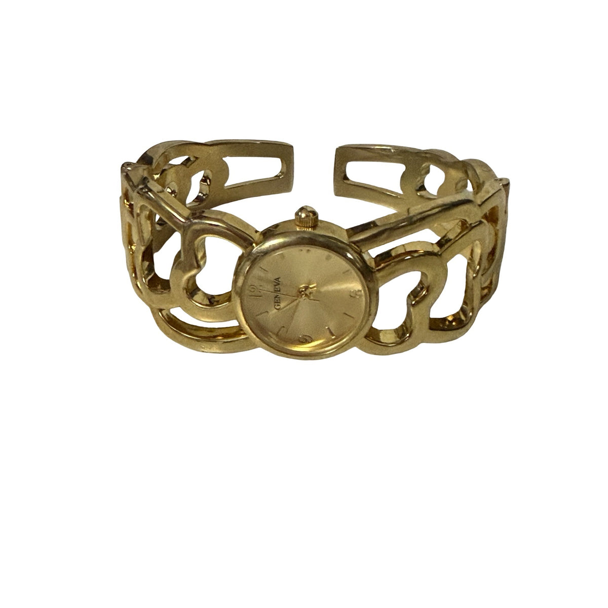 Vintage Geneva Gold Tone Openwork Cuff Bracelet Watch Filigree Scroll Design