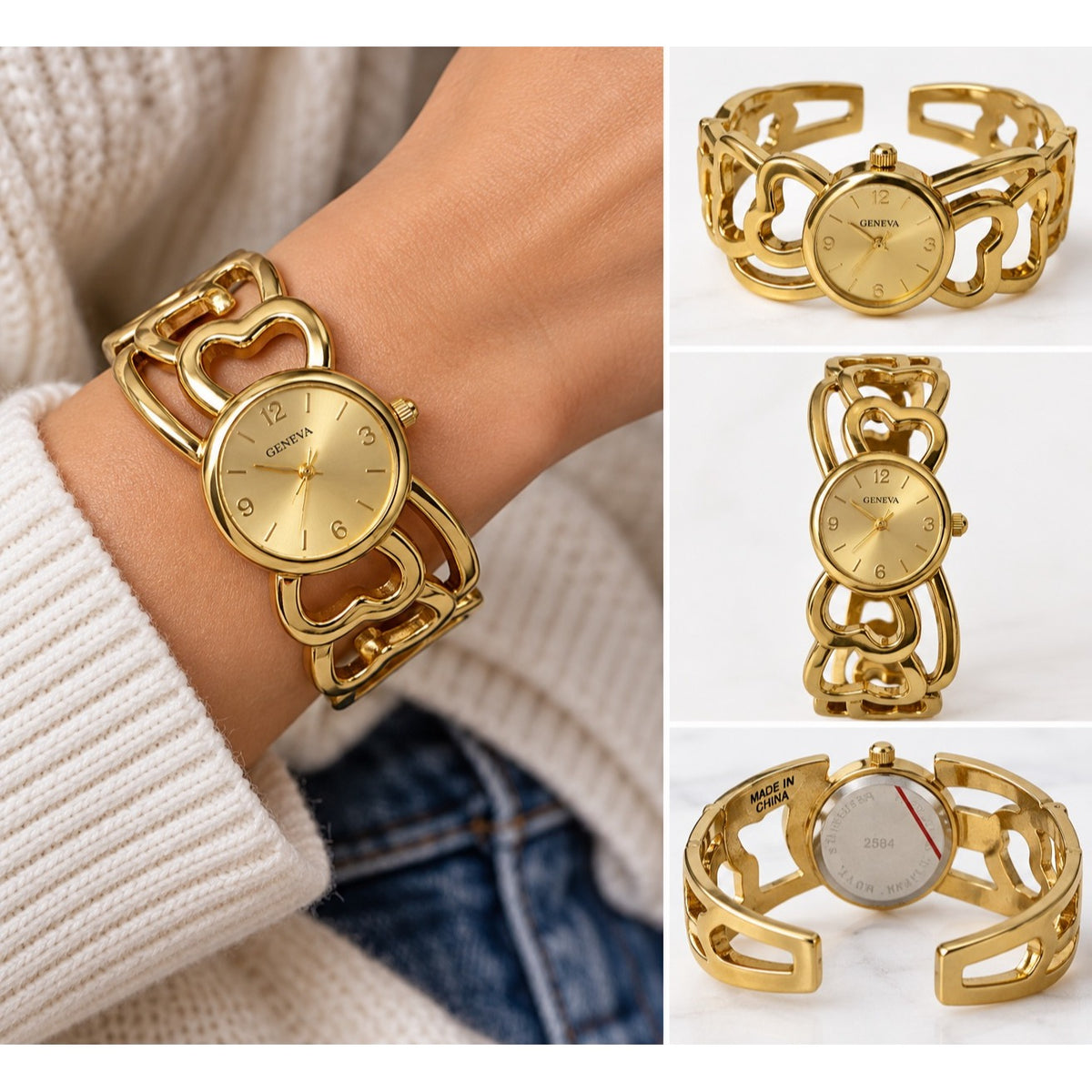 Vintage Geneva Gold Tone Openwork Cuff Bracelet Watch Filigree Scroll Design