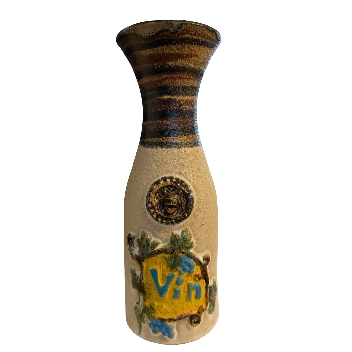 Vintage Pacific Stoneware Wine Bottle Vase 1970 Vin Grapes USA Pottery 11"