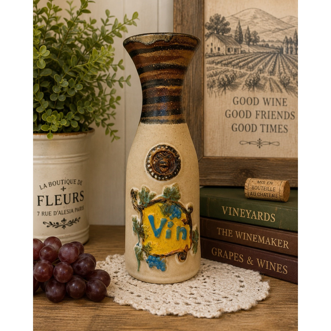 Vintage Pacific Stoneware Wine Bottle Vase 1970 Vin Grapes USA Pottery 11"