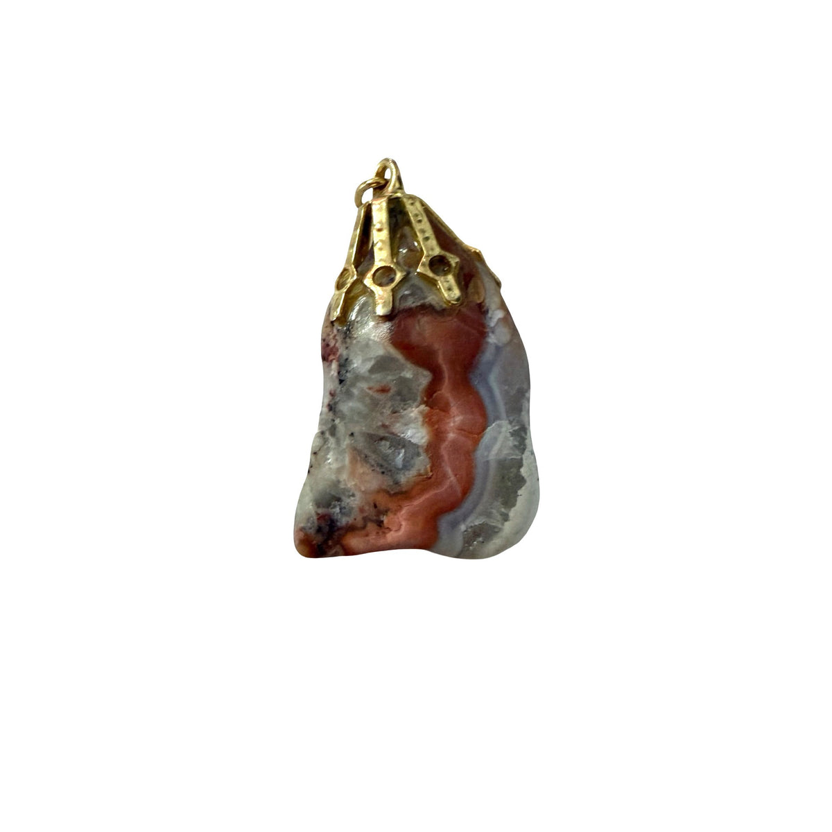 Natural Agate Stone Pendant Gold Tone Filigree Cap Brown Gray Rust Jewelry