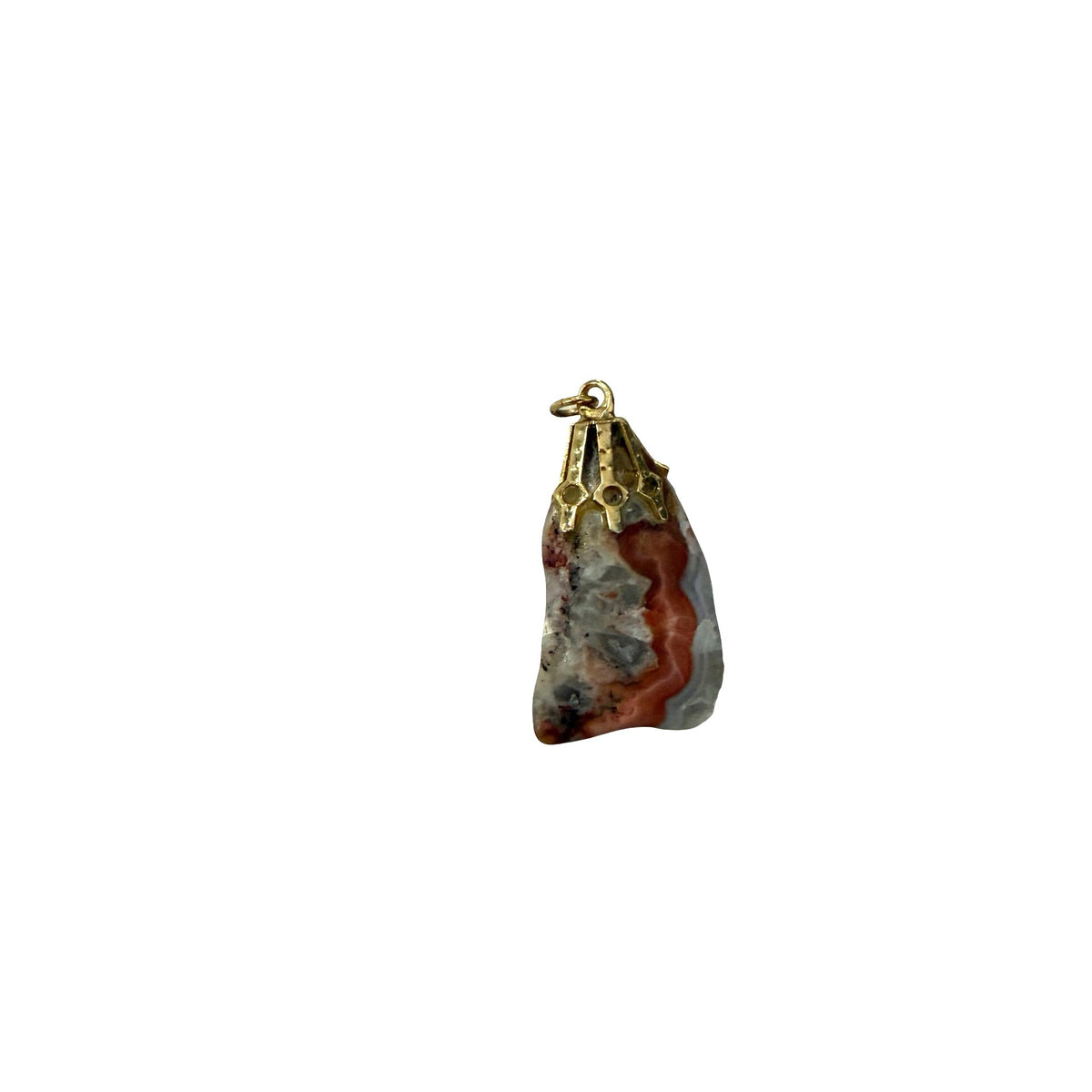 Natural Agate Stone Pendant Gold Tone Filigree Cap Brown Gray Rust Jewelry